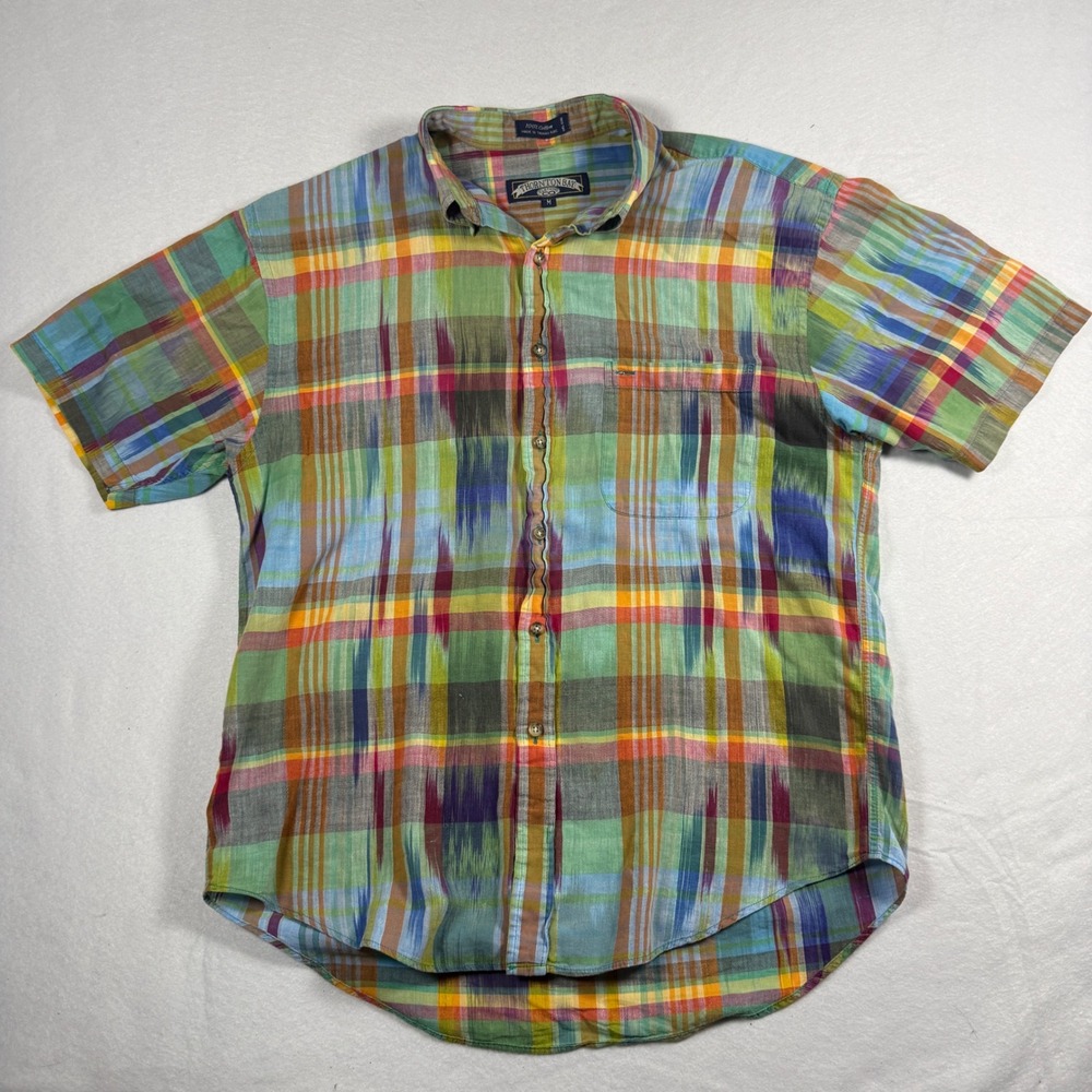 Thornton Bay Mens Vintage Madras Plaid Short Sleeve Shirt Sz M Ikat Quiet Luxury